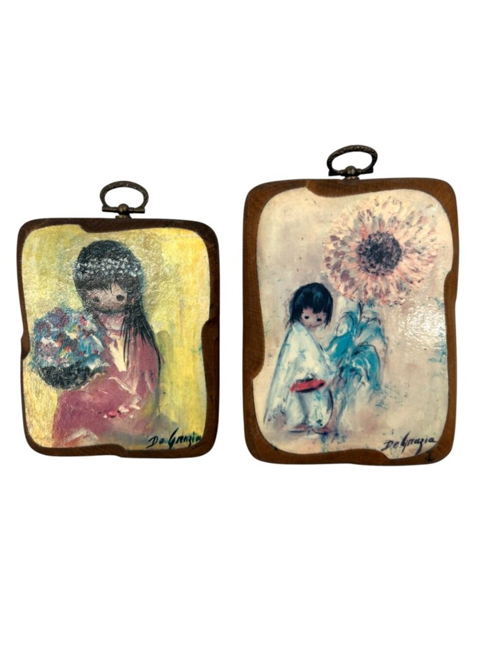 DeGrazia Vintage Wood Plaques Angel Paintings Floral Wall Art Decor Set Of 2